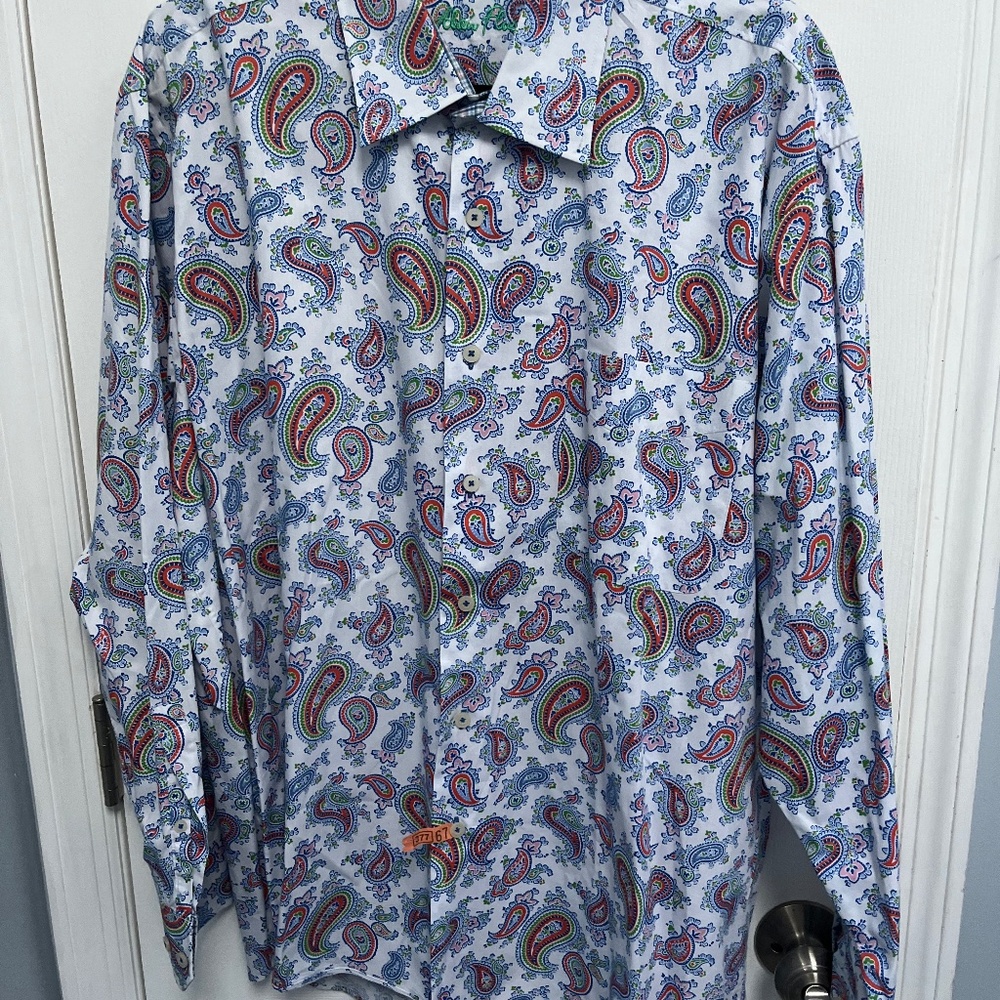 Alan Flusser Men's Size L White Blue Paisley Long Sleeve Button Down 100% Cotton